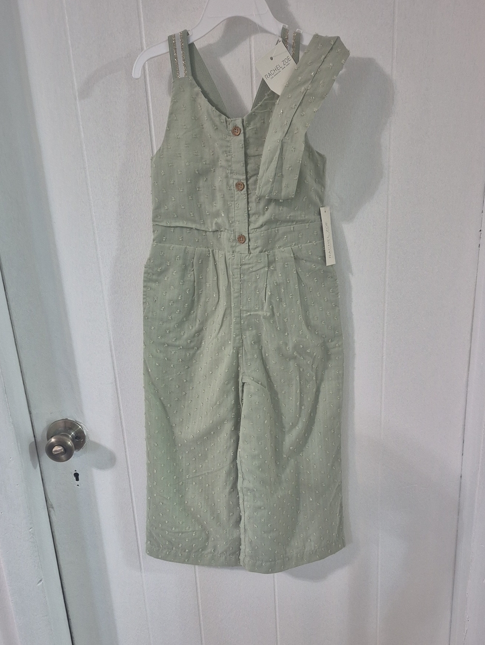 Rachel Zoe Sage Green Textured Cotton Girls' Jumpsuit